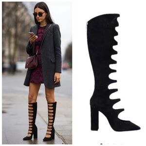 NIB SAINT LAURENT Joplin 105 Cutout Suede Knee High Boot Black US 6.5 EU 39.5